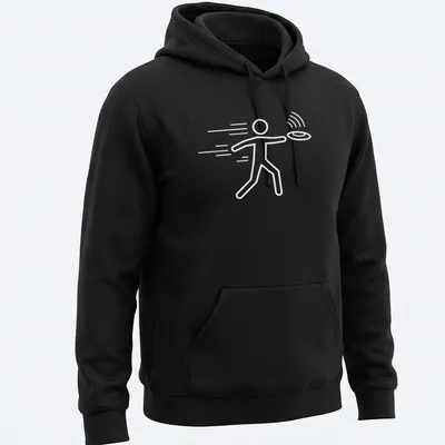 Bold graphic of a Frisbee player throwing a disc in blue, white, and orange. — printed on a unisex hoodie