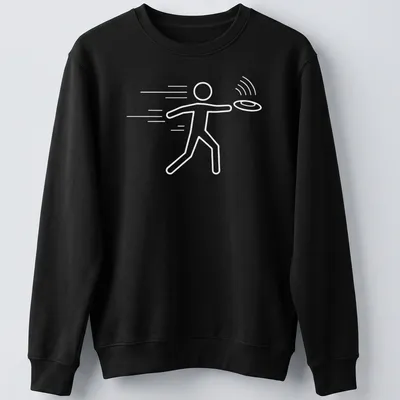Bold graphic of a Frisbee player throwing a disc in blue, white, and orange. — printed on a unisex sweatshirt