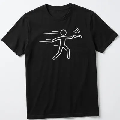 Bold graphic of a Frisbee player throwing a disc in blue, white, and orange.