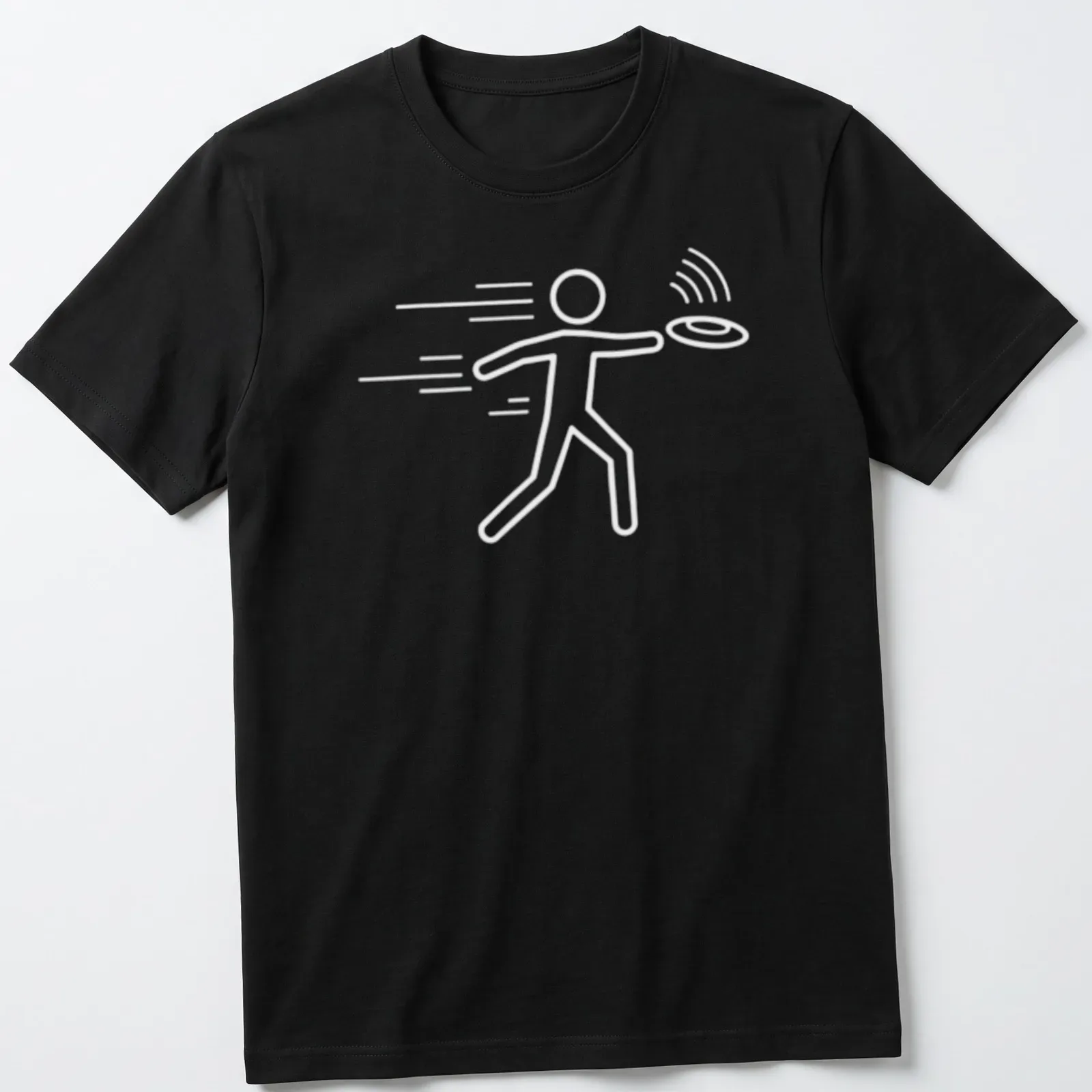 Bold graphic of a Frisbee player throwing a disc in blue, white, and orange. — printed on a unisex t-shirt