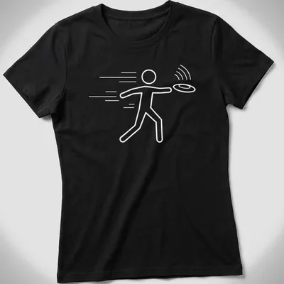 Bold graphic of a Frisbee player throwing a disc in blue, white, and orange. — printed on a women's shirt