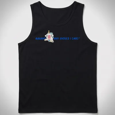Kawaii unicorn design with playful text in blue and pastel colors. — printed on a tank top
