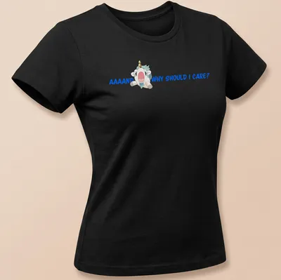 Kawaii unicorn design with playful text in blue and pastel colors. — printed on a women's shirt