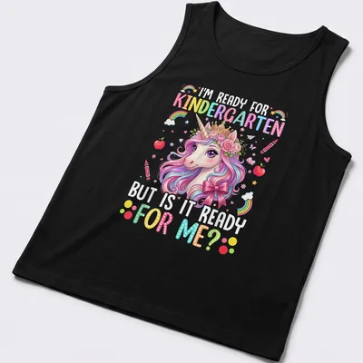 Colorful cartoon unicorn design with text about kindergarten readiness — printed on a tank top