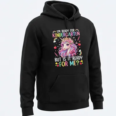 Colorful cartoon unicorn design with text about kindergarten readiness — printed on a unisex hoodie
