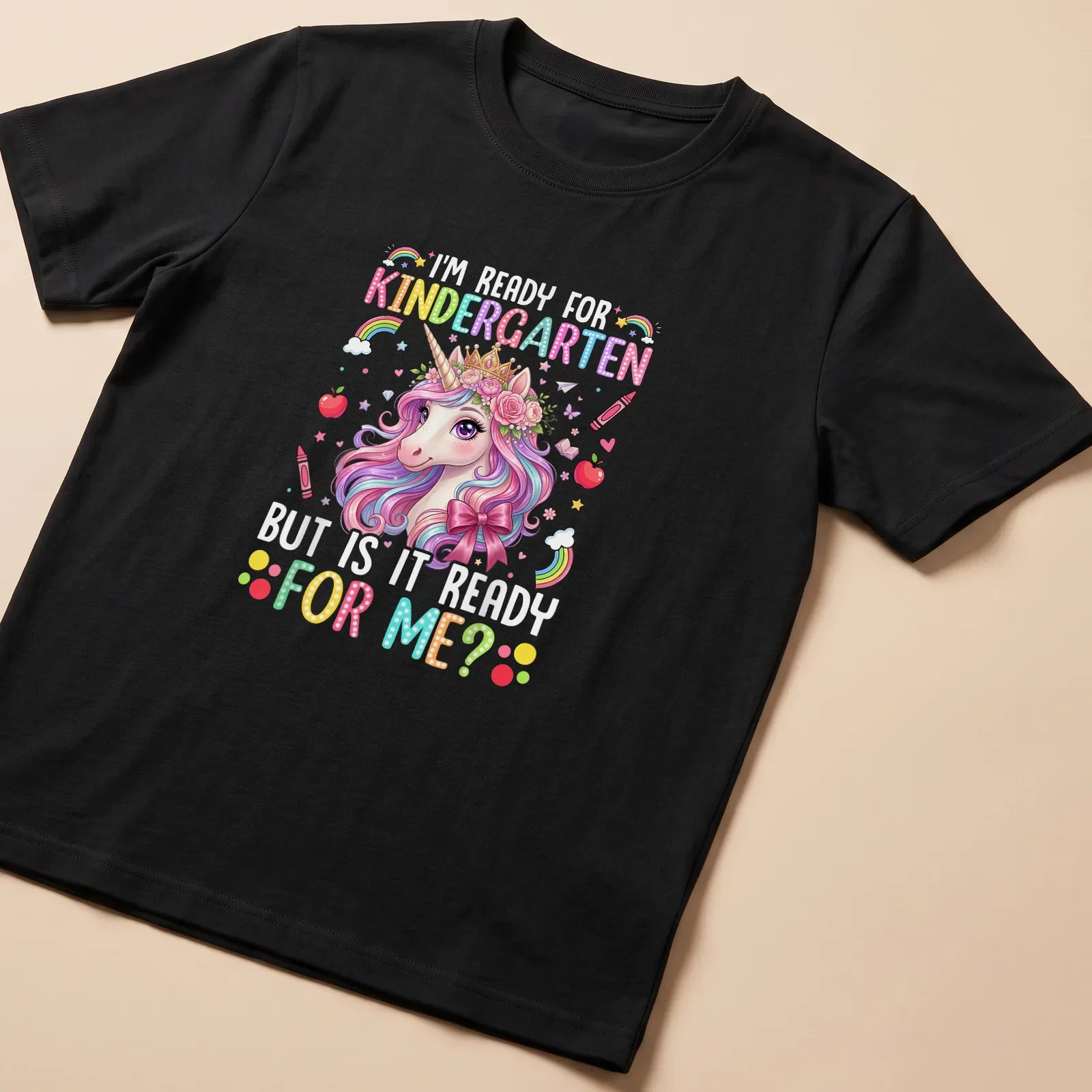 Colorful cartoon unicorn design with text about kindergarten readiness — printed on a unisex t-shirt