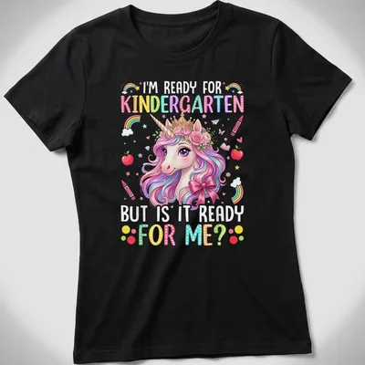 Colorful cartoon unicorn design with text about kindergarten readiness — printed on a women's shirt