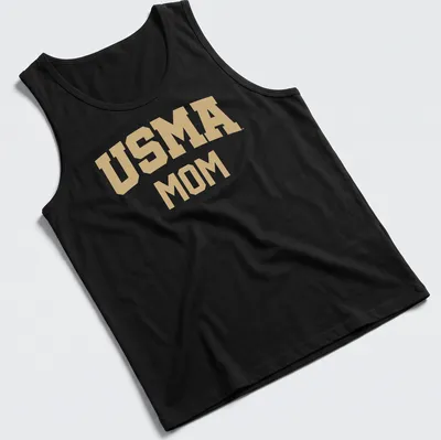 Bold collegiate USMA Mom T-shirt in gold on white background — printed on a tank top
