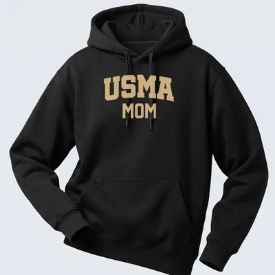 Bold collegiate USMA Mom T-shirt in gold on white background — printed on a unisex hoodie