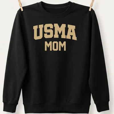 Bold collegiate USMA Mom T-shirt in gold on white background — printed on a unisex sweatshirt