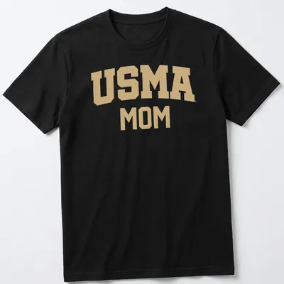 Bold collegiate USMA Mom T-shirt in gold on white background