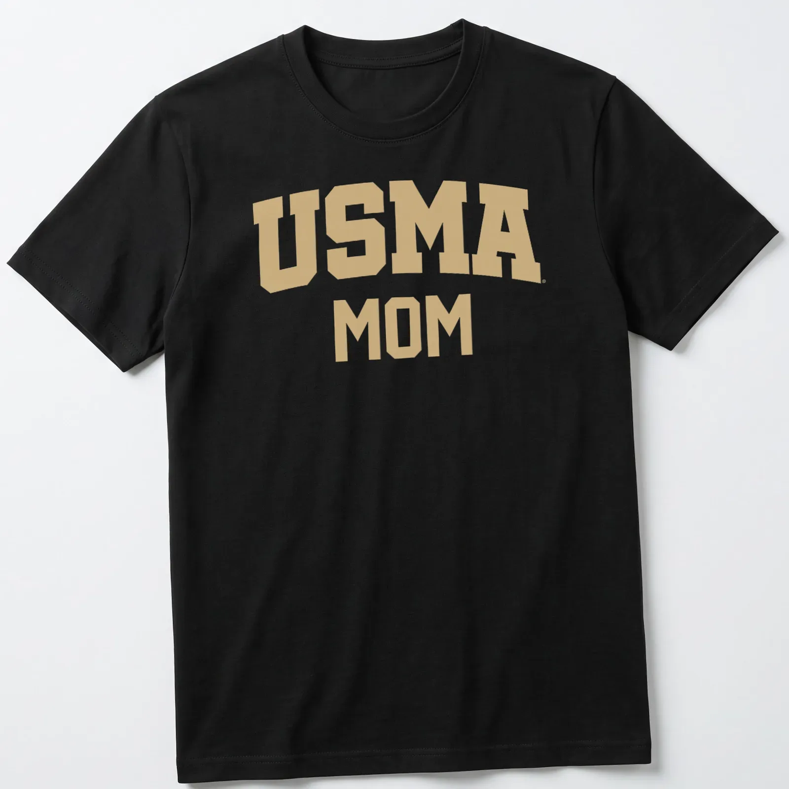 Bold collegiate USMA Mom T-shirt in gold on white background — printed on a unisex t-shirt