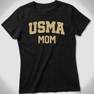 Bold collegiate USMA Mom T-shirt in gold on white background — printed on a women's shirt