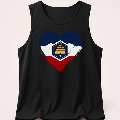 Distressed Utah flag heart with beehive emblem in navy, white, red, and yellow — printed on a tank top