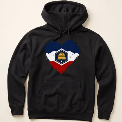 Distressed Utah flag heart with beehive emblem in navy, white, red, and yellow — printed on a unisex hoodie