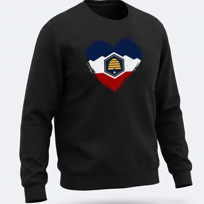 Distressed Utah flag heart with beehive emblem in navy, white, red, and yellow — printed on a unisex sweatshirt