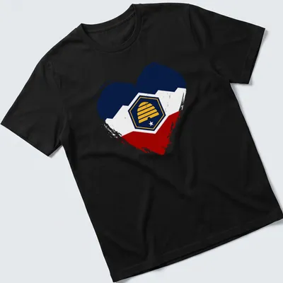 Distressed Utah flag heart with beehive emblem in navy, white, red, and yellow