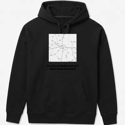 Minimalist black and white city map of Vagharshapat, Armenia, with geographic coordinates — printed on a unisex hoodie