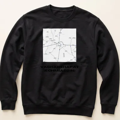 Minimalist black and white city map of Vagharshapat, Armenia, with geographic coordinates — printed on a unisex sweatshirt