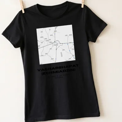 Minimalist black and white city map of Vagharshapat, Armenia, with geographic coordinates — printed on a women's shirt
