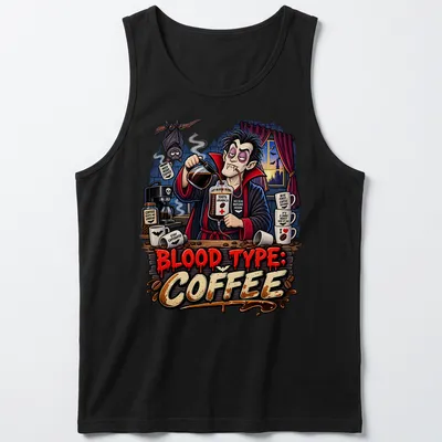 Cartoon vampire brewing coffee with humorous text about blood type in vibrant colors. — printed on a tank top