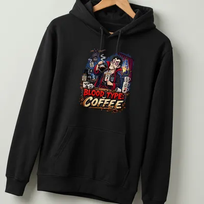 Cartoon vampire brewing coffee with humorous text about blood type in vibrant colors. — printed on a unisex hoodie
