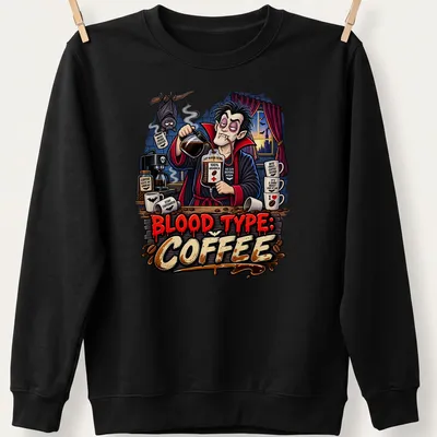 Cartoon vampire brewing coffee with humorous text about blood type in vibrant colors. — printed on a unisex sweatshirt