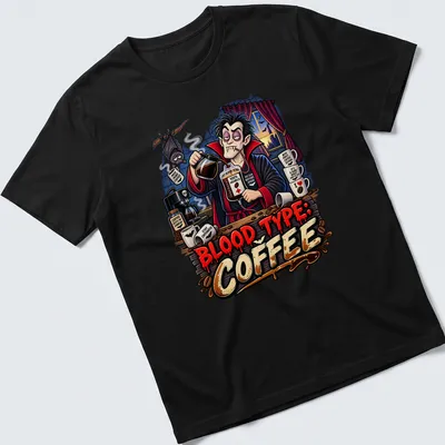 Cartoon vampire brewing coffee with humorous text about blood type in vibrant colors.