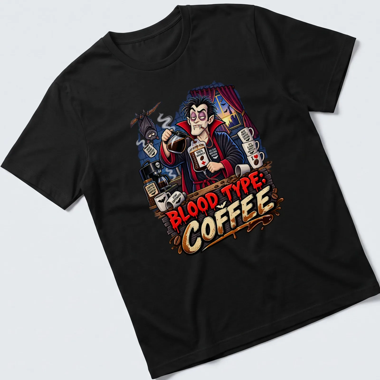Cartoon vampire brewing coffee with humorous text about blood type in vibrant colors. — printed on a unisex t-shirt