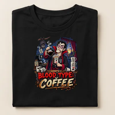 Cartoon vampire brewing coffee with humorous text about blood type in vibrant colors. — printed on a women's shirt