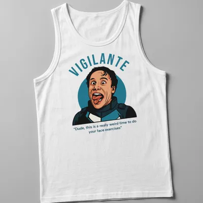 Illustrative vigilante character with humorous face exercise quote in blue and black — printed on a tank top