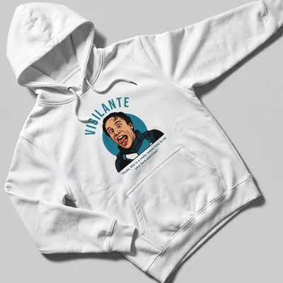 Illustrative vigilante character with humorous face exercise quote in blue and black — printed on a unisex hoodie