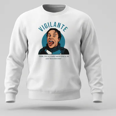 Illustrative vigilante character with humorous face exercise quote in blue and black — printed on a unisex sweatshirt
