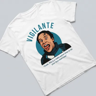 Illustrative vigilante character with humorous face exercise quote in blue and black — printed on a unisex t-shirt