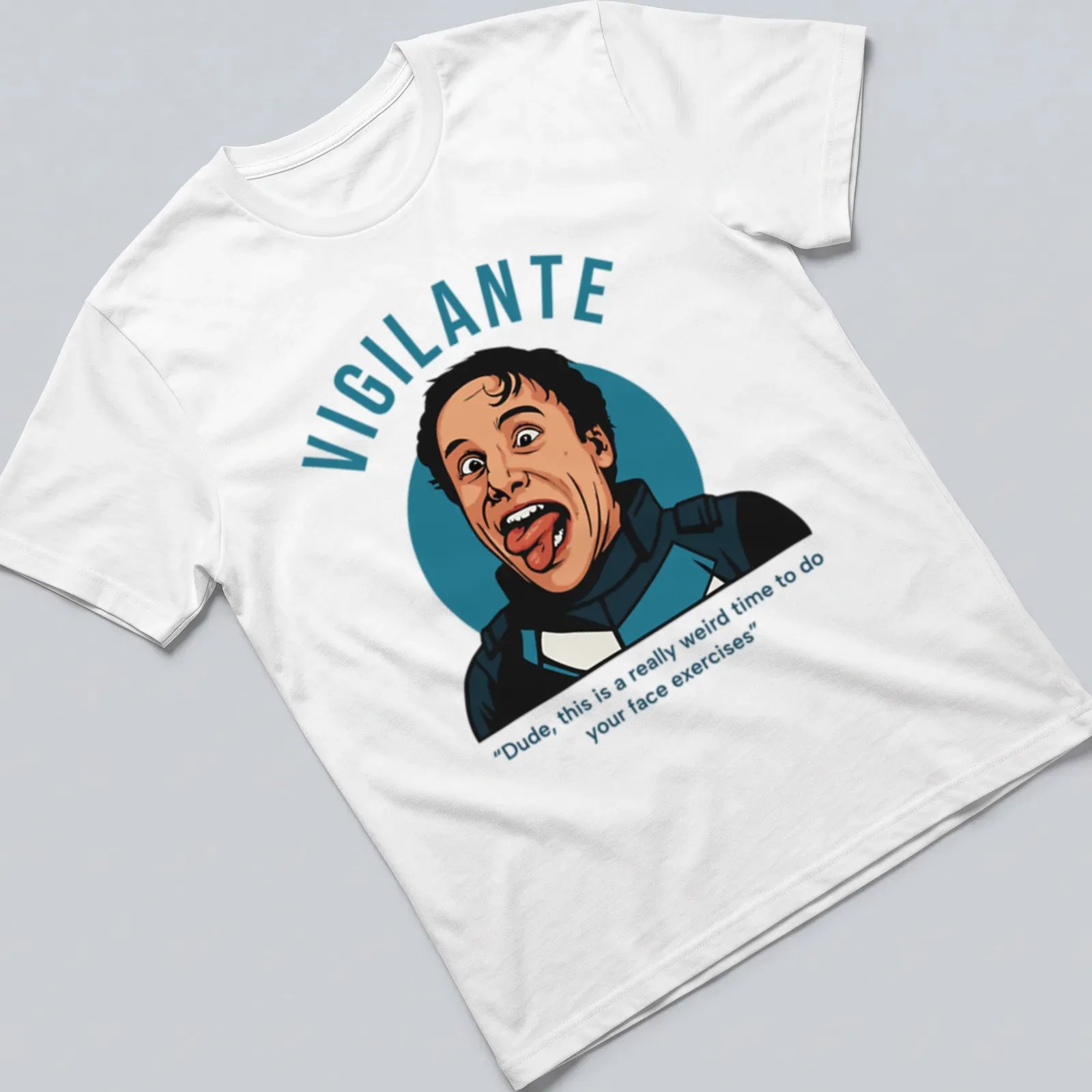 Illustrative vigilante character with humorous face exercise quote in blue and black — printed on a unisex t-shirt