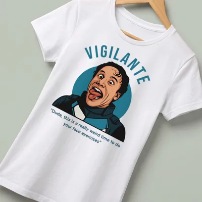Illustrative vigilante character with humorous face exercise quote in blue and black — printed on a women's shirt