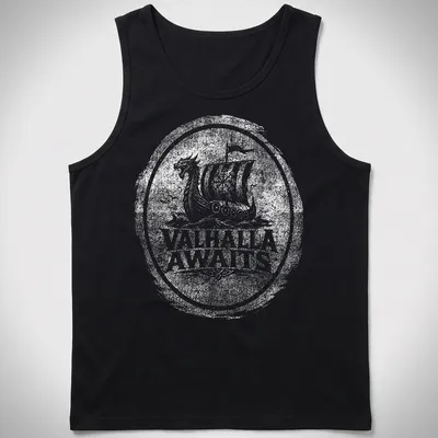 Viking ship design with 'Valhalla Awaits' text in black and white — printed on a tank top