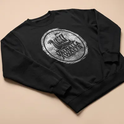Viking ship design with 'Valhalla Awaits' text in black and white — printed on a unisex sweatshirt