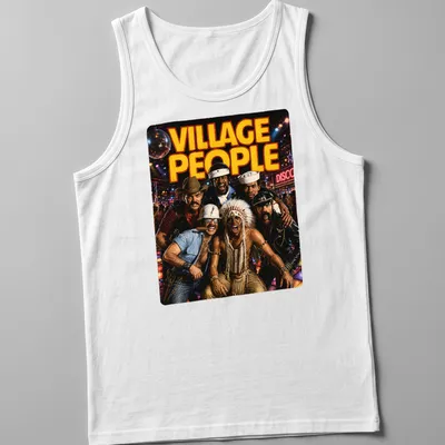 Retro Village People T-shirt featuring bold printed text and vibrant colors — printed on a tank top