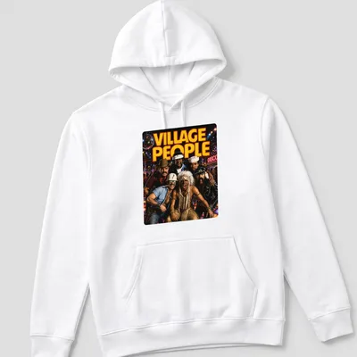 Retro Village People T-shirt featuring bold printed text and vibrant colors — printed on a unisex hoodie