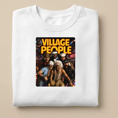 Retro Village People T-shirt featuring bold printed text and vibrant colors — printed on a unisex sweatshirt