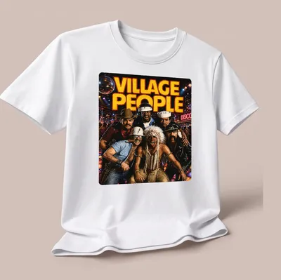 Retro Village People T-shirt featuring bold printed text and vibrant colors — printed on a unisex t-shirt (angled view)