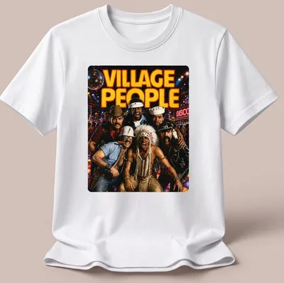 Retro Village People T-shirt featuring bold printed text and vibrant colors