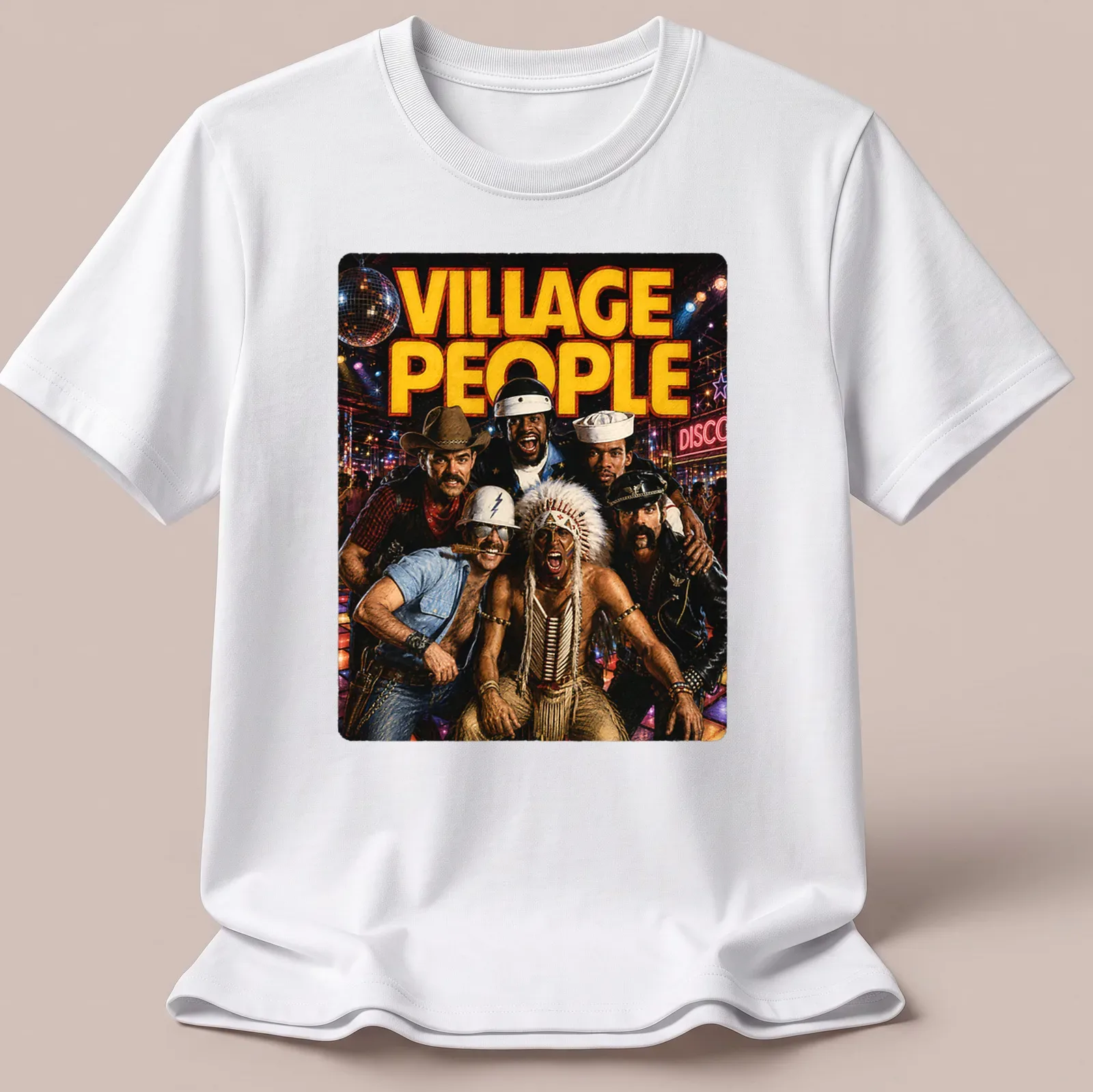 Retro Village People T-shirt featuring bold printed text and vibrant colors — printed on a unisex t-shirt