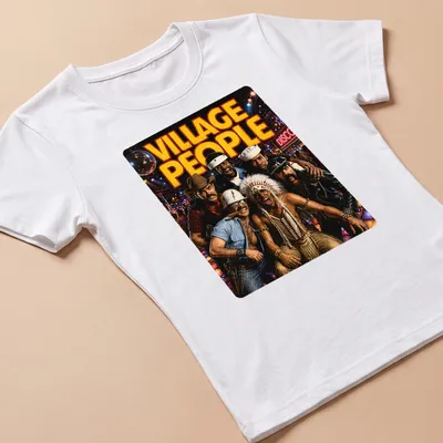 Retro Village People T-shirt featuring bold printed text and vibrant colors — printed on a women's shirt