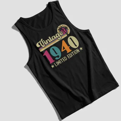 Vintage 1940 Limited Edition T-shirt with palm trees and retro print — printed on a tank top