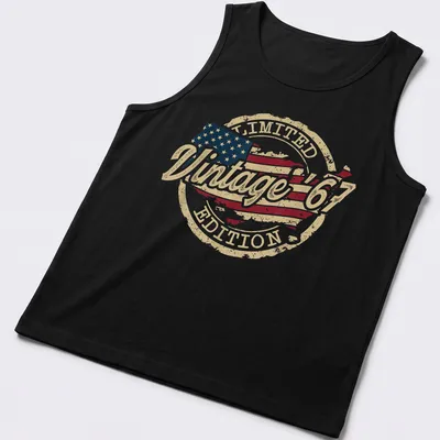 Vintage distressed American flag T-shirt with text: Vintage '67 LIMITED EDITION — printed on a tank top