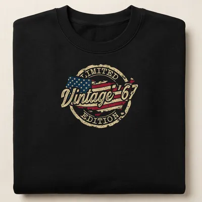 Vintage distressed American flag T-shirt with text: Vintage '67 LIMITED EDITION — printed on a unisex sweatshirt