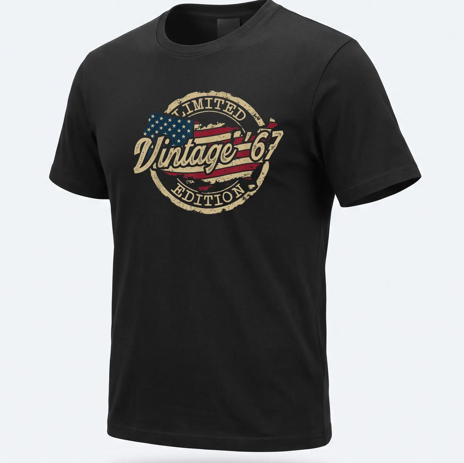 Vintage distressed American flag T-shirt with text: Vintage '67 LIMITED EDITION — printed on a unisex t-shirt