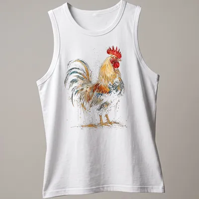 Vintage rooster graphic in gold, red, blue, and brown on a distressed background. — printed on a tank top